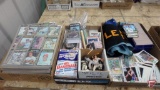 Sports trading/collector cards, sports figurines, yo-yos and pennants. Contents of 3 boxes