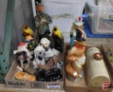 Vintage figurines, empty decanters, and Mence Smith ceramic foot warmer. Contents of 2 boxes