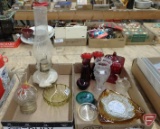 Glass hurricane oil lamp, glass vases, candy dishes, ash trays. Contents of 2 boxes