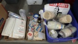 Hamms beer, plastic cups, litter bags, coasters, buttons, napkins. Contents of tote and 2 boxes