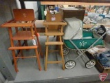 (2) wood doll high chairs, doll paramulator, throw blanket, suitcase, cabbage patch doll, and