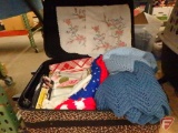 Bay Bags leopard print suitcase, retro fruit tablecloth, afghan blanket, wildlife theme comforter,