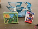 Genuine Taylor Tot toddlers striding chair, Jolly Green Giant puzzle, and colored wood blocks