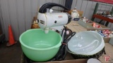 Sunbeam Mixmaster countertop mixer with Jadeite mixing bowl and green Pyrex covered casserole