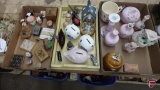 Owls, dresser items, pin cushion, piggy banks, metal toy pig, makeup compacts,