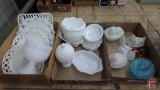 (4) nesting hen covered dishes, turtle covered dish, cat dish cover, and other white dishes