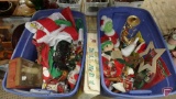 Christmas decorations: wood reindeer, grinch soft toy, elf soft toy, metal tree stand, wind sock,