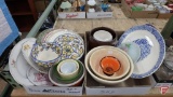 Misc. plates, stoneware nesting bowls, orange and gray enamel dish, cookie jar, tea pot