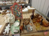 Amber colored glassware: swans, decanters, candle holders; Hedi Schoop dutch girl planter,