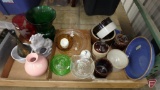 Crocks, crock mortar base, crock pie pan, glass juicers, colored glass vases, metal vase,