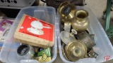 Fondue set, brass items, and other metal serving dishes