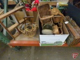 Wood and wicker decorations: picnic basket, shelves, and more