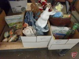 Some vintage Easter decorations: tin and paper eggs, plaster rabbit, soft rabbit toys, rabbit lights