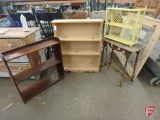 (2) wood shelves, wicker shelf, and end table