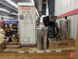 Elephant ceramic cookie jar, clown teapot, coffee mugs, 2 pc nesting bowls, and coffee percolators