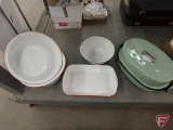 Green and black enamel roaster, (2) red and white enamel basins, cake pan, and