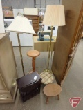 Plant stand, (2) floor lamps, (2) foot stools, and magazine rack