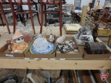 Glass milk bottles, covered dish, polished rocks, turkey and scarecrow figurines,