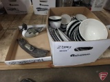 Folkcraft Stoneware Loon Lake by Scotty Z dishware, set may not be complete, wood hand carved loon,