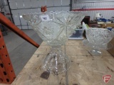 Glass items, pedestal punch bowl with cups and ladle, bowls, cake plate, platters.