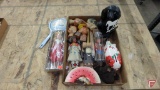 Vintage items, doll-Miss North American World Wide Movers, hand mirror, banks, wood blocks,