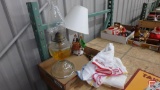 Glass hurricane oil lamp 18inH, Victorian porcelain electric lamp, and silverware sleeves