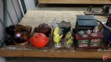 Colored glass-vases, centerpiece bowl, candy dishes-, covered crocks, figurines, rabbit vase, and