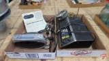 Clock/Radios, Bearcat 210 scanner, metal trinket box and lipstick holder. Contents of 2 boxes