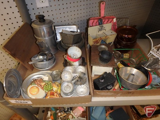 Dollhouse items, wood furniture, metal cart and buggy, stove, sink, plastic kettles,