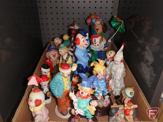 Collection of clown figurines, some Emmett Kelly. Contents of 4 boxes/row