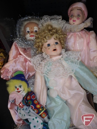 Clown items, unique glass figurine, light, musical clock, figurines, candle holders, dolls.