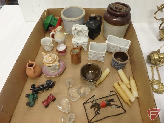 Miniature/doll items, chandelier with candles, crocks, spring horse, porcelain dressers, grinder,