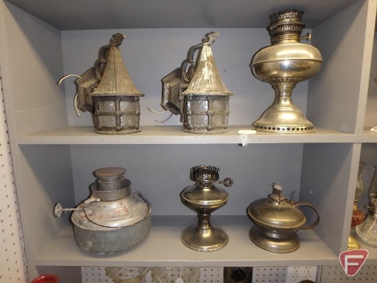 Vintage metal/glass electric wall lamps and assortment of metal oil lamp bases.