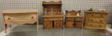 Wood doll furniture with miniature items. One drawer table is 8inHx13inW, buffet is 12inH.