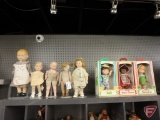 Vintage dolls with stands, tallest is 18in, and Original Eugene Dolls in boxes, Taffy, Bitter Sweet,