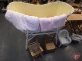 Vintage wicker bassinet, baby/doll blankets, wood/wicker doll furniture and wood swing,