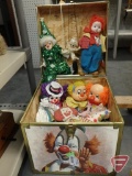 Wood clown box/chest with clown toy dolls. Box and contents