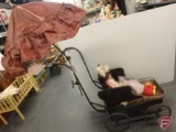 Vintage wood and metal stroller with umbrella, 3 dolls and toy.