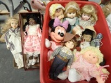 Collection of Dolls, tallest are 16in. Contents of 3 boxes and 1 tote.