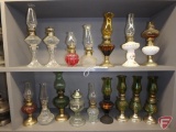 Collection of oil hurricane lamps, 7inH to 11inH, some matching. 16 pieces/2shelves