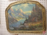 Framed prints in ornate/vintage frames, angel is 30inHx23inW, cabin is 18inHx23inW, and