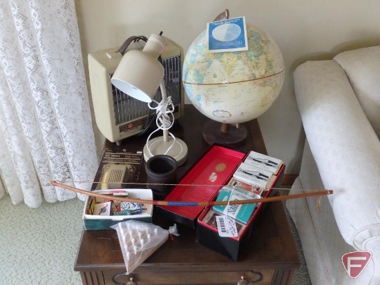 Replogle table globe, Toastmaster electric heater, vintage metal desk lamp, playing cards,