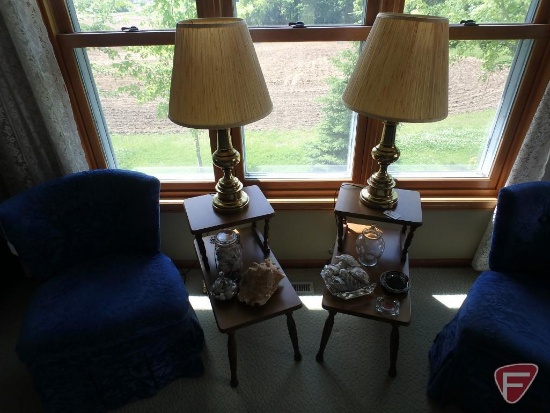 (2) wood end tables, (2) metal based table lamps 30inH, collection of seashells, and