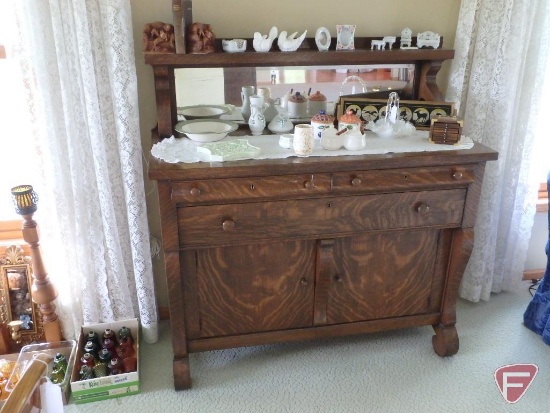 Vintage wood buffet/storage cabinet with 3 drawers, 2 doors, and mirror back. 53inHx50inWx21inD