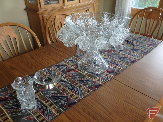 Pedestal punch bowl set with 34 glasses, not all matching, candle holders, vase, candy dish,