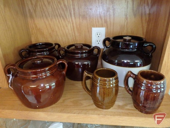 Pottery pieces, some USA, some tops may not match, and (2) mugs. 6 pieces.