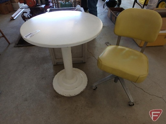 Metal 24"W table, yellow chair on rollers