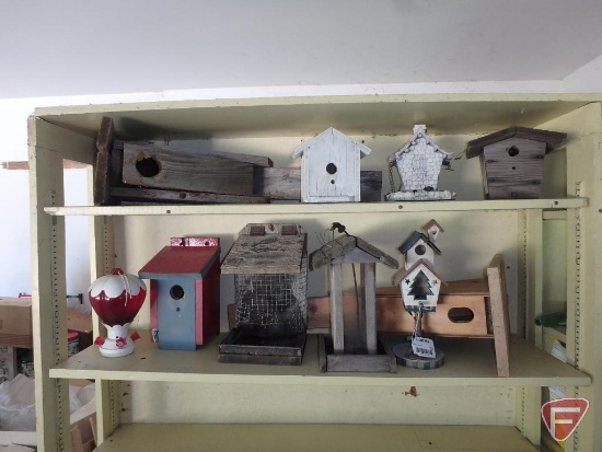Bird houses and sprinkler, Nelson tractor sprinkler,contents of 4 shelves
