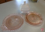 Vintage pink milk glass candy dish and (2) pink depression glass cookie tray/cake plates. 3 pieces
