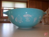 Turquoise Pyrex bowl with hot air balloon design and Blue in Heaven bowl. 2 pieces